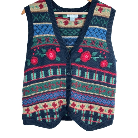 VTG 90s Alfred Dunner Sweater Vest M Floral 3D Knit Granny Retro Cottage Wool - Picture 1 of 7
